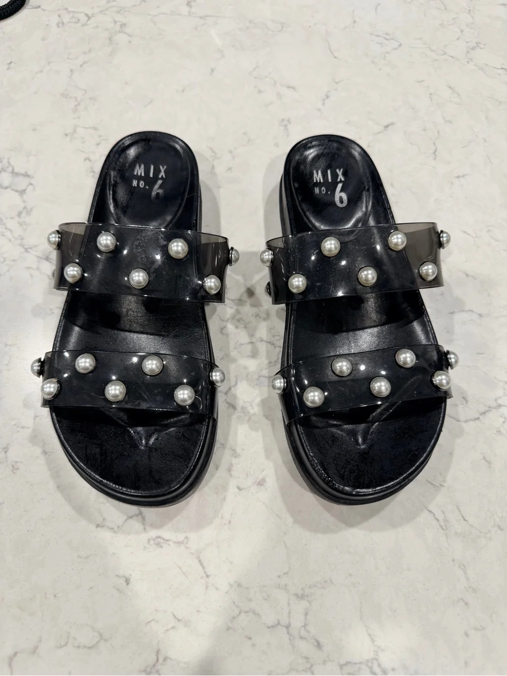 Mix No. 6 Black Slide Sandals with Pearl Studs